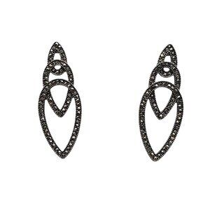 Black Crystal Drop Earrings With Silver Tone Finish Vintage 1990s
